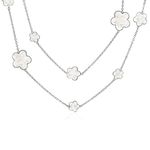 White Clover Flower Long Silver Plated Brass Station Tin Cup Chain Wrap Layer Necklace for Women 42 Inch