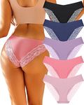 FINETOO Underwear for Women Lace Sexy Hipster V Cut No Show Bikini Panties Seamless Cheeky 5 Pack S-XL