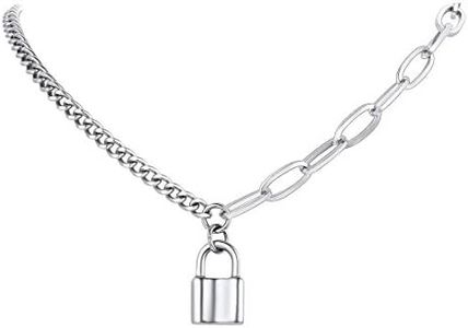 FindChic Collar Candado Mujer Cadena Cubana Cadena Paperclip Collar Candado Acero Inoxidable 45cm+5cm