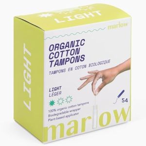 Marlow 100% Organic Cotton Easy Glide Tampons with Compact Plant Based BPA Free Applicator, Chlorine Free, Toxin Free, Hypoallergenic, Dermatologically Tested, Fragrance Free, Light, 54 Count