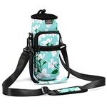 Nuovoware Water Bottle Carrier Bag, 25oz/32oz Bottle Pouch Holder, Adjustable Shoulder Hand Strap 2 Pocket Sling Neoprene Sleeve Sports Water Bottle Accessories for Gym Hiking Travelling, Green Lily