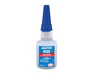 Loctite 402, 20g, transparent, instant adhesive, cyanoacrylate, heat aging, hot strength performance, stainless steel, rapid bonding, plastic, metal, wood, paper, leather, disposable medical devices