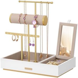 SONGMICS Jewelry Holder, Jewelry Organizer, Jewelry Display Stand, Metal Earring Organizer with Mirror, with Necklace Earring Bracelet Holder, for Rings, Christmas Gift, White and Gold UJJS022W01V1