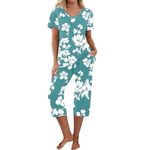 Clearance Items for Women Capri Pajama Sets for Women Boho Floral Print Cotton Pj Short Sleeve Sleepwear Tops with Capri Pants Loungewear Sets Dollar Deals