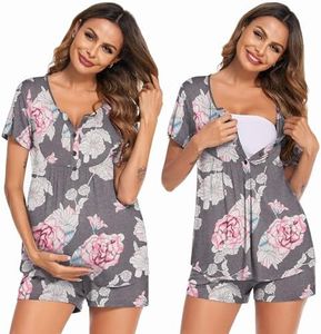 Ekouaer Labor/Delivery/Hospital Pajamas Maternity Pajama Set Nursing Sleepwear for Breastfeeding V Neck Short Sleeve Loungewear(Gray Flower,X-Large)