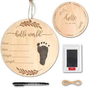Baby Birth Announcement Sign with Marker Pen, Wooden Hello World Newborn Sign with Ink Pad for Baby Hand and Footprints, Double-sided Newborn Announcement Sign for Baby Shower Photo Prop Keepsakes