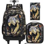 HPJGD 3PCS Dinosaur Rolling Backpack for Boys, Kids School Backpacks with Wheels, Water Resistant Roller Wheeled Bookbag Set with Lunch Box, Black Dinosaur Rolling Set, One Size, 3pc Dinosaur Rolling