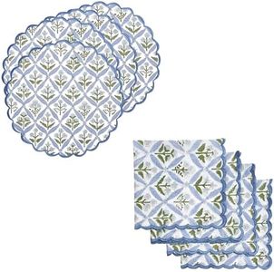Ridhi Hand Block Print Cotton Dining Set Bundle – Light Steel Blue 15 Inch Round Embroidered Placemats (Set of 8) and 18x18 Inch Napkins (Set of 4) Reusable Washable Boho Table Linens for Farmhouse