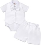 IDOPIP Baptism Christening Outfits for Boys Baby Formal Suit Gentleman Bowtie Romper Vest Shorts White Wedding Tuxedo Outfit, White, 12-18 Months