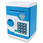 Qwifyu Piggy Bank for Boys Girls, 4 5 6 7 8 9 10 Year Old Girl Boy Birthday Gift Ideas, Electronic Password Money Saving Box ATM, Great Gift Safe Bank Toys for Kids (Blue White)