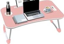 KKTECH Folding Laptop Bed Table Lap Standing Desk Sofa Breakfast Table Bed Tray Laptop Lap Desk with Cup Holder Notebook Stand Steel Legs 60x40x28cm (Pink)