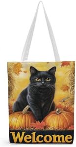 TopPacific Fall Linen Tote Bag 13.5x16 Inch Double-Sided Print Reusable Tote Autumn Black Cat with Pumpkin Shopping Handbag for Daily Use Travel and Gift