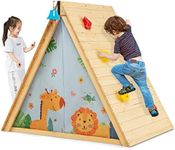 HONEY JOY Kids Triangle Climber with Tent, 2 in 1 Wooden Climbing Triangle Toys w/Climbing Wall, Bell, Door Curtain, Open Window, Activity Gym Playhouse Set for Toddlers