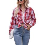 YILEEGOO Women's Casual Flannel Plaid Shirts Blouse Oversized Button Down Lapel Collar Color Block Long Sleeve Shirts Blouse Tops (Red, L)