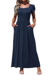 MOLERANI Womens Long Dresses Short Petal Sleeve Maxi Dress Maternity Dress with Pockets,Navy Blue,M