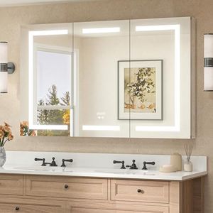 TETOTE 48 x 32 Lighted Medicine Cabinet with LED Lights, 3 Door Recessed or Wall Mount Bathroom Cabinet, Led Vanity Cabinet Mirror, Tempered Glass, Outlets & USB, Adjustable Shelf, 3-Color Lights