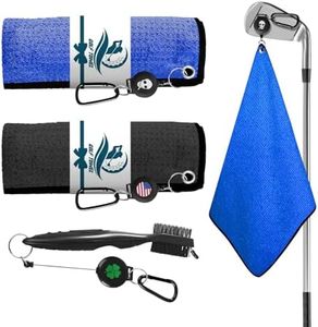 Amy Sport Golf Towels for Golf Bags for Women Men Value 2 Pack with 3 Strong Magnetic Retractable Carabiner and Black Brush, 16''X16'' Microfiber Waffle Pattern Towel Absorbent Set (Black&Blue)