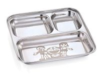 Expresso - Heavy Duty Stainless Steel Square Small Dinner Plate with 3 Sections Divided Mess Trays for Kids Lunch, Camping, Events & Every Day Use Kitchenware, Cartoon Design