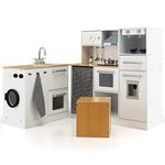 COSTWAY Kids Play Kitchen, 2-Piece Wooden Pretend Cooking and Washing Machine Playset with Movable Stool, Realistic Light & Sound, Accessory Utensils, Children's Chef Role Play Set for Boys Girls