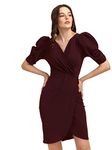 Sheetal Associates Women's Puff Sleeve V-Neck Bodycon Casual Mini Dress Maroon