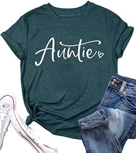 Auntie T Shirts Women Cute Aunt Gift Tee Shirts Funny Graphic Casual Short Sleeve Tee Top, Green, Large