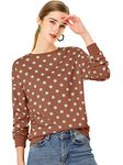 Allegra K Women's Fall Crew Neck Drop Shoulder Long Sleeve Polka Dots Top Brick Red Medium