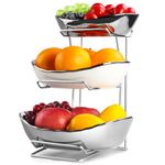 Fruit Basket For Kitchen Counter, 3 Tier Serving Bowl, Ceramic Fruit Holder For Countertop Tiered Fruit Stand With Metal Stand, Detachable Fruit Rack For Fruit Vegetable Snack Dessert Storage (Silver)