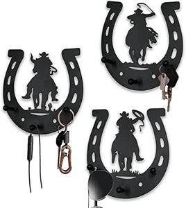 3PCS Horseshoe Metal Key Holder for Wall, Horse Shoes Wall Art Decor with Cowboy, Farmhouse Western Rustic Style Horse Shoes Decorations Key Hooks for Bedroom Living Room, Black