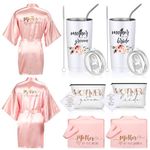 8 Pack Mother of the Bride and Groom Gifts White Women's Satin Robe 20 oz Mug Tumblers Cup Wedding Gifts Mother of Bride and Groom Makeup Bag Mom Cosmetic Bag Handkerchief (Pink,Elegant Style)