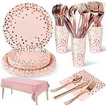 Nkaiso Pink and Rose Gold Party Tableware 141 Pieces Paper Tableware Set Includes Paper Plates Napkins Cups Knives Forks Spoons for Wedding Shower Engagement Wedding Birthday (20 Guests)