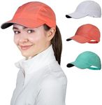 TrailHeads Women's Race Day Performance Running Cap, Lightweight & Quick Drying Mesh Sports Hat with Reflective Trim, Adjustable Fit - White-Seafoam-Coral 3-pk