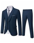 YND Men's Slim Fit 2 Button 3 Piece Suit Set, Solid Blazer Jacket Vest Pants & Tie, Deep Blue, Large