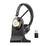 Wireless Headset, Bluetooth Headset With Microphone Noise Canceling & USB Dongle, On Ear Headphones with Charging Dock & 45hrs Working Time for Computer/Mobile Phones/Ms Teams/Skype/Zoom/Office