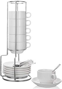 Aozita Espresso Cups and Saucers with Espresso Spoons, Stand Rack, 19-piece Porcelain Stackable Espresso Mugs, 2.5-Ounce Demitasse Cups for Espresso, Latte, Cafe Mocha