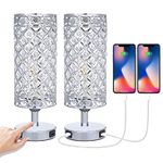 Tomshine Touch Crystal Bedside Table Lamps Set of 2 with USB Charging Port 3-Way Dimmable Modern Silver Table Lamp E27 Base for Bedroom (12W Bulb Included)