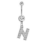 Initial Dangle Belly Button Rings | Embellished with CZ Crystals in Silver Letters A to Z | Ideal for Navel Piercings Belly Piercings - Initial N - BB-014