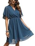 Rubehoow Summer Dress for Women Wrap Neck Bell Sleeve Chiffon Mini Dress High Waist Sun Flowy Summer Boho Dress Lake Blue,M