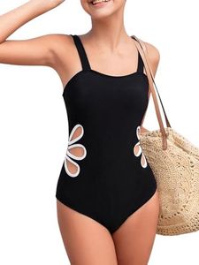 BEAUDRM Girl's Solid Cut Out Sleeveless One Piece Swimsuit Y2K Bathing Suits Swimwear Beachwear Black 16Y