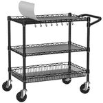 Folews 3 Tier Utility Cart with Wheels, Heavy Duty Rolling Cart Metal Kitchen Storage Cart Organizer Commercial Grade Trolley Shelf Rack Cart Wire Service Cart with Handle Bar, Black