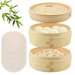 HEKOBAG 2-Tier Bamboo Steamer, 8 inch Bamboo Steamers Basket with 5pcs Reusable Cotton Sheets Chinese Steam Baskets Food Dim Sum Steaming for Dumplings Buns Seafoods Rice Asian Foods