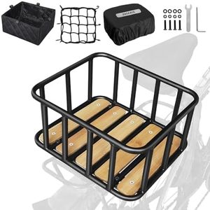 RAYMACE Bike Basket Rear, Bamboo Base Bicycle Basket with Rainproof Cover, Liner & Cargo Net, Large Capacity Rear Bike Rack Baskets Fits Most Bikes & E-Bike