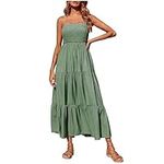 Summer Dresses for Women UK Clearance Bohemian Spaghetti Strap Smocked Tiered Long Beach Sun Dresses Sleeveless Solid Maxi Dress Ladies Maxi Dresses Plus Size Petite Sexy Dress UK Size