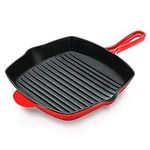 NutriChef Nonstick Cast Iron Grill Pan - 11-Inch Kitchen Square Cast Iron Skillet Grilling Pan, Enameled Cast Iron Skillet Steak Pan w/Side Drip Spout for Electric Stovetop, Induction, Gas, red