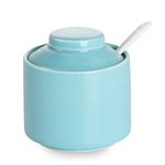 ONTUBE Ceramic Sugar Bowl with Lid and Spoon,Porcelain Seasoning Box Salt Bowl,8oz (Blue)