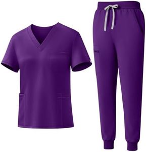 Eadflie Scrubs for Women Set - 8-Pocket V-Neck Scrub Uniform, Stretch Jogger Pants, Medical Workwear for Nurses, Pet Care (Deep Purple/2XL)