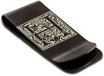 Stainless Steel Money Clip For Men Dad Boy Friend Father Floral Initial Letter Box Monogram Wallet Cash Card Holder, Black-floral-h