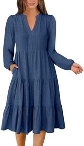 ANRABESS Womens V Neck Long Sleeve Midi Dress 2024 Fall Fashion Casual Loose Fit Flowy Swing Tiered Beach Vacation Dresses Blue Medium