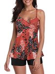 American Trends Bathing Suits Women Swimsuit Two Piece Tankini Set Athletc Swimming Suits with Shorts, Red Floral, 14-16