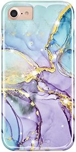 JIAXIUFEN Coque compatible avec iPhone SE 2022, iPhone SE 2020, motif marbre pailleté doré, fin, résistant aux chocs, coque de téléphone flexible pour iPhone 6/6S/7/8/SE, violet et bleu