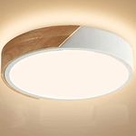 Flush Mount LED Ceiling Light 24W with Wooden Frame 3000K Soft Warmer Light 12 Inch Diameter Size, 2400lm, Ultra Thin Round Wood Lamp Light Fixtures for Kitchen, Living Room, Bedroom, Hallway.